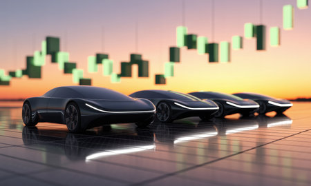 Sleek electric cars parked on solar panels, with a rising financial candlestick chart against a vibrant sunset sky, symbolizing future energy and economic growth.の素材