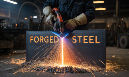 Worker gloved hands operate a plasma cutter, slicing through a thick steel plate with FORGED STEEL text, generating a shower of bright sparks in an industrial setting.の素材