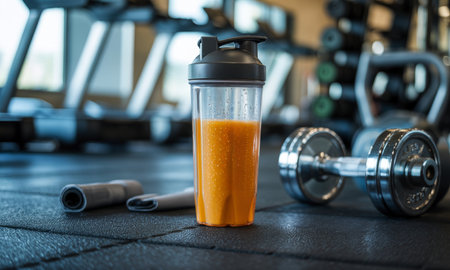 Transparent protein shaker bottle filled with vibrant orange pre workout drink next to a shiny dumbbell and jump rope on a gym floor, symbolizing health, energy, and fitness.の素材
