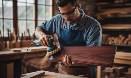 Skilled male carpenter meticulously sanding a dark wooden plank with an orbital sander in a professional woodworking workshop, showcasing craftsmanship.の素材