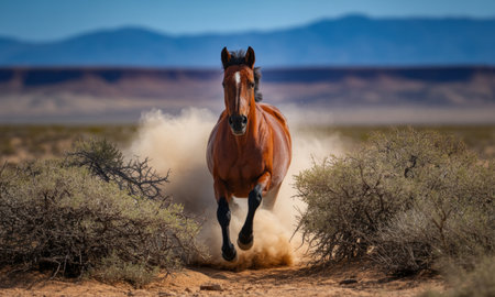 Brown wild horse galloping rapidly through a dusty desert landscape, kicking up sand, with dry bushes and distant mountains under a clear blue sky.の素材