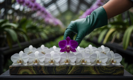 Gloved hand carefully picking a vibrant purple orchid from a precise arrangement of white orchids in a botanical garden.の素材