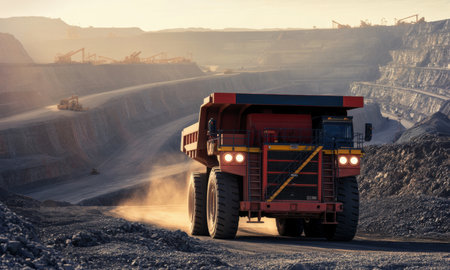 Massive red mining dump truck driving on a dusty road in a large open pit mine. heavy machinery and terraced walls visible under a warm, hazy sky, depicting industrial scale operations and resource extraction.の素材