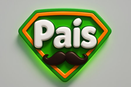 3D pais word in white bubble letters with a brown mustache, set inside a green and orange superhero shield, symbolizing fathers and father day.の素材