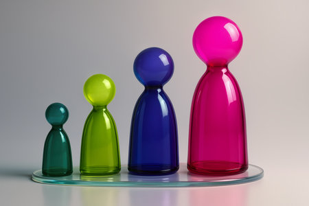 Four colorful translucent abstract figures in green, blue, and pink, arranged by increasing size on a glass base, symbolizing growth, development, and progression.の素材