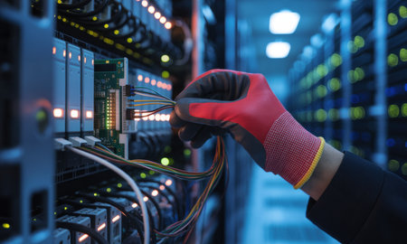 Gloved hand of an IT technician connecting colorful wires to a circuit board in a server rack, emphasizing network infrastructure and data center maintenance.の素材