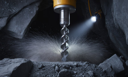Heavy duty industrial drill bit boring into a hard rock surface inside a dark mine, creating dust and debris. concept of excavation, power, and construction.の素材