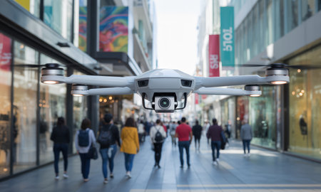 White camera drone hovers over a bustling pedestrian shopping street. modern technology for surveillance, delivery, or urban exploration in a city environment.の素材