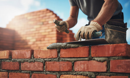 Close up of a skilled bricklayer hands in gloves, meticulously laying red bricks with fresh mortar to construct a sturdy wall on a sunny building site.の素材