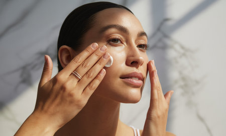 Woman gently applying hydrating facial cream to her radiant, dewy complexion, showcasing healthy skincare routine and beauty.の素材