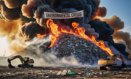 Burning landfill with a huge pile of assorted plastic waste, intense fire, and thick smoke under an environmental crisis banner, with excavators nearby.の素材