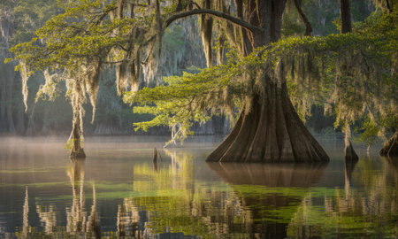 Ancient cypress trees draped in spanish moss stand in a misty swamp at sunrise, with golden light reflecting on the calm water, creating a serene natural landscape.の素材