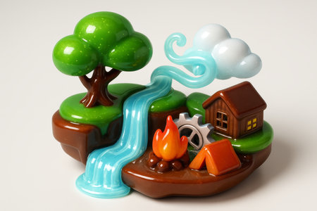 High glossy 3D miniature diorama showcasing a vibrant green tree, a flowing waterfall, a cozy wooden cabin, a warm campfire, and a small tent, set in a fantastical outdoor landscape.の素材