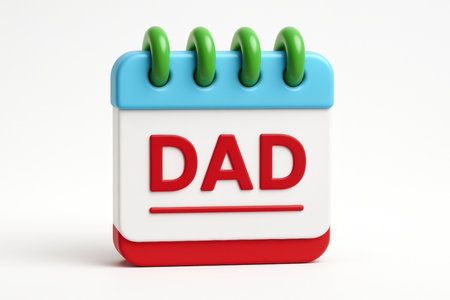 Clean 3D calendar icon featuring the word DAD in bold red, ideal for father day, family celebrations, or important date reminders.の素材