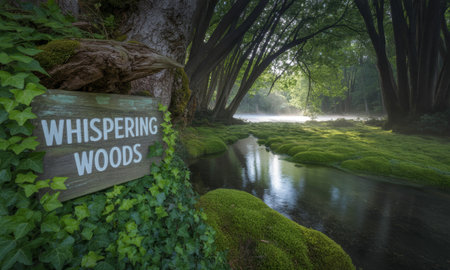 Rustic wooden sign whispering woods surrounded by lush green ivy, next to a tranquil stream with mossy banks in a misty, sunlit forest.の素材
