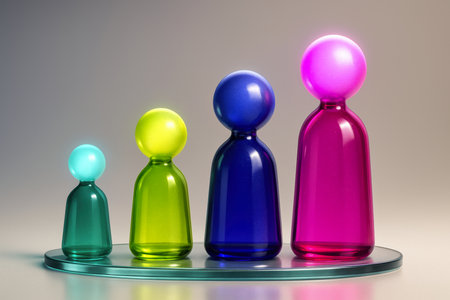 Four vibrant, translucent peg dolls in ascending size, arranged on a reflective surface, illustrating concepts of growth, development, and achievement.の素材