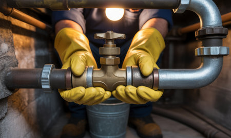 Plumber in yellow gloves adjusting a tarnished brass valve on old galvanized steel pipes, highlighting home repair and maintenance work.の素材