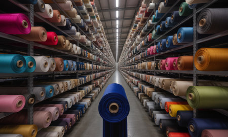 Expansive textile warehouse interior with rows of shelves displaying countless rolls of colorful fabric, highlighting industrial production and storage.の素材