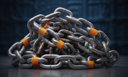 Pile of heavy industrial metal chains with bright orange high visibility tape wrapped around several links, symbolizing strength, connection, and security.の素材
