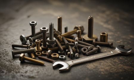 Assorted metal bolts, nuts, and screws piled next to a silver wrench on a dark, textured industrial background, representing construction and repair.の素材
