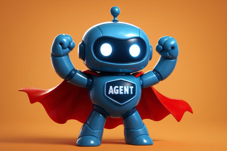 Blue cartoonish robot with glowing eyes and a red cape, standing heroically with fists raised. AGENT text on its chest. symbolizes artificial intelligence, assistance, and technological power.の素材