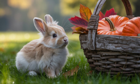 Fluffy baby rabbit sitting on green grass next to a rustic wooden basket filled with orange pumpkins and vibrant autumn leaves, embodying fall season.の素材