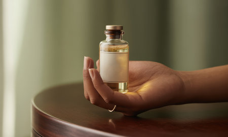 Female hand gently holds a clear glass bottle labeled WELLNESS, filled with golden liquid and sparkling particles, on a wooden table.の素材