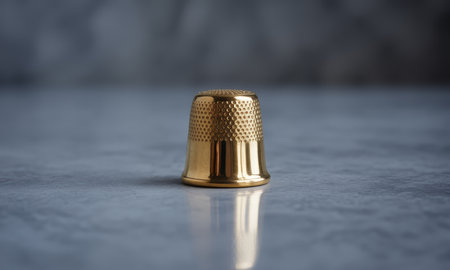Polished golden thimble with a textured surface, reflecting on a smooth grey studio background. essential sewing tool for needlework and craftsmanship.の素材