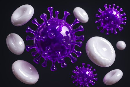 Purple virus particles and white blood cells floating against a dark background, illustrating biological interaction and immune response at a microscopic level.の素材