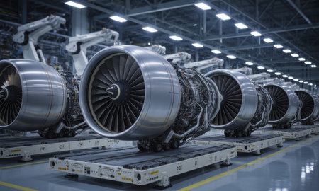 Multiple large aircraft jet engines on assembly line in a modern industrial factory. robotic arms are visible in the background, highlighting advanced manufacturing and aerospace technology.の素材