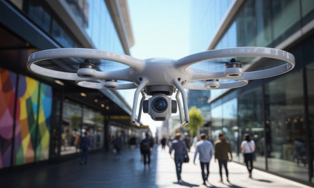 White security drone with camera hovering over a bustling pedestrian shopping street. modern architecture and people walking create an urban surveillance and technology scene.の素材