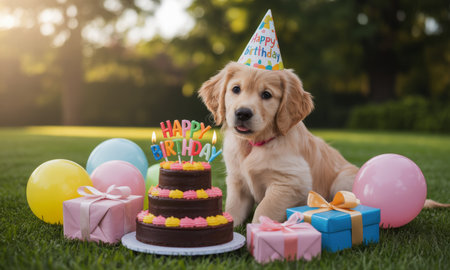 Golden retriever puppy wearing a party hat, sitting next to a birthday cake with candles, colorful gifts, and balloons on green grass, celebrating a special day.の素材