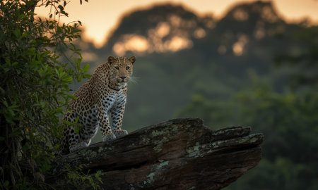 Majestic leopard sits gracefully on a mossy rock, observing its natural habitat in a dense jungle during sunrise, with lush green foliage and warm light.の素材