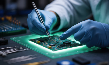 Technician hands in blue gloves using tweezers to assemble miniature electronic components on a glowing circuit board, emphasizing precision and technology.の素材