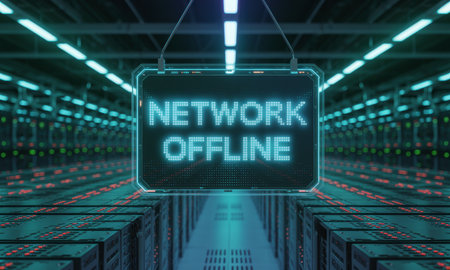 Digital sign displaying NETWORK OFFLINE message, suspended in a modern data center with rows of server racks and glowing lights. represents system failure, internet outage, and technical issues.の素材