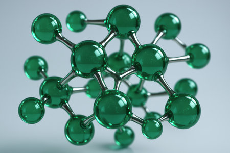 Green translucent spheres connected by silver rods forming a complex 3D molecular structure, symbolizing science and chemistry.の素材