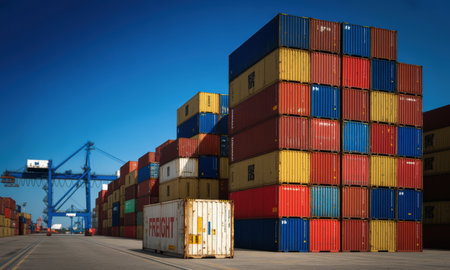 Vibrant shipping containers stacked at a commercial port, with a gantry crane in the background, symbolizing global trade and logistics.の素材