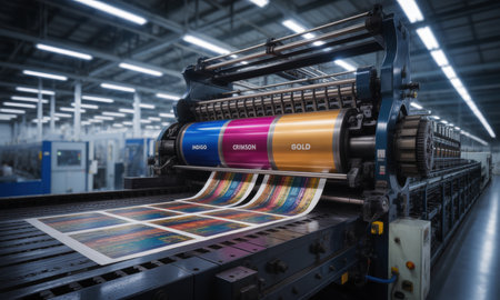 Industrial offset printing press actively producing colorful printed sheets in a large modern factory. high speed machinery for mass production of publications and packaging.の素材
