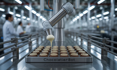 Robotic arm precisely decorating a tray of chocolates on a conveyor belt in a high tech confectionery factory, showcasing automation in food production.の素材