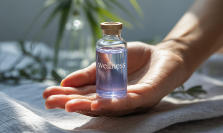 Hand holding a clear glass vial with wellness text and purple liquid, symbolizing health, well being, and self care.の素材