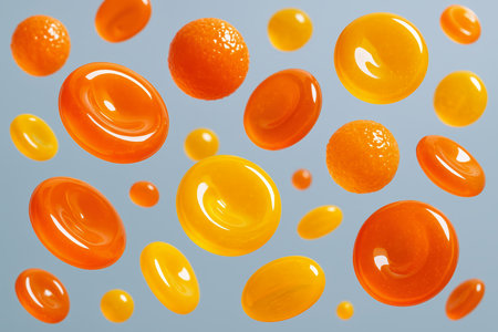 Vibrant orange and yellow abstract glossy shapes, including smooth discs and textured spheres, scattered against a soft blue backdrop. dynamic and colorful.の素材