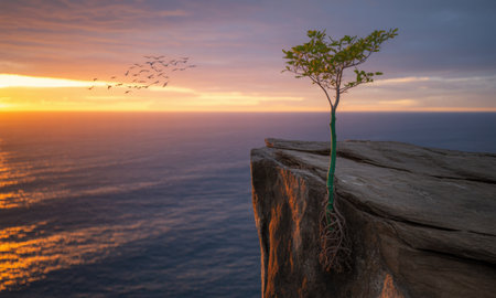 Small green tree with exposed roots clinging to a rugged cliff overlooking a vast ocean at sunset. a flock of birds flies across the colorful sky, symbolizing strength and survival in nature.の素材