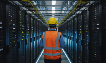 IT engineer in a yellow hard hat and orange reflective vest walks through a long aisle of server racks in a modern data center, illuminated by green lights.の素材