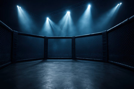 Empty mixed martial arts octagon cage illuminated by bright spotlights in a dark, smoky arena. ideal for combat sports, boxing, or fighting event concepts.の素材