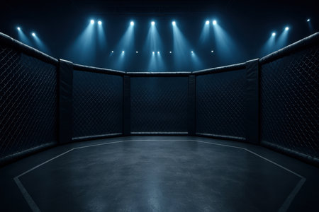 Empty mixed martial arts MMA cage with dark mesh walls and padded posts, illuminated by bright spotlights in a large, dark arena, ready for combat sports.の素材