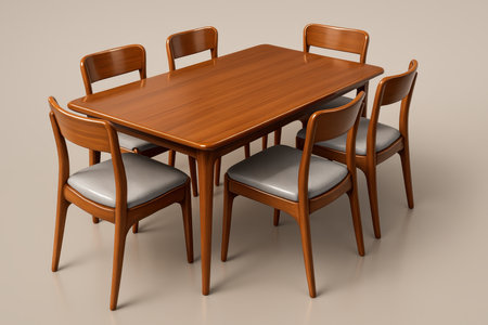 Elegant wooden dining table with six matching chairs, each featuring a light grey upholstered seat, isolated on a clean background.の素材