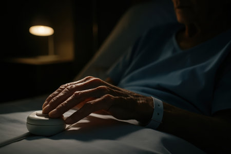 Elderly woman hand on a hospital call button in a dimly lit room, wearing a patient gown and wristband, symbolizing need for care and assistance.の素材