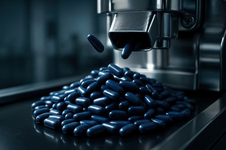 Dark blue medicine capsules dropping from an automated pharmaceutical manufacturing machine onto a large pile, illustrating industrial production and quality control.の素材