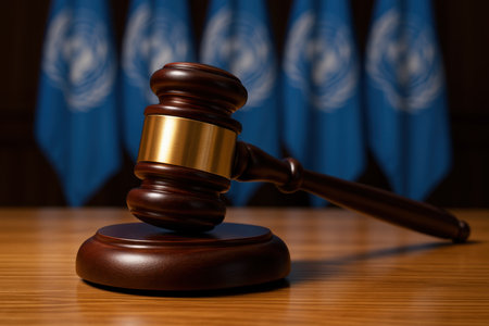 Wooden judge gavel with a brass band resting on a polished wooden table, with blurred united nations flags in the background, symbolizing international law and justice.の素材
