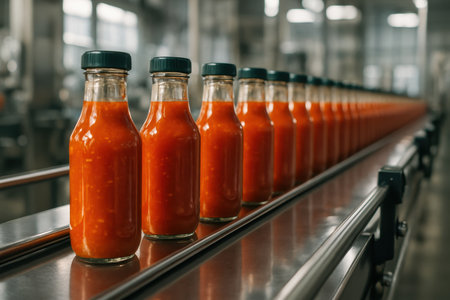 Glass bottles filled with vibrant orange hot sauce moving along a stainless steel conveyor belt in a food manufacturing factory.の素材